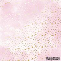 Аркуш одностороннього паперу з фольгуванням, дизайн Golden stars, Pink shabby water, 30,5см х 30,5см, ТМ Фабрика Декору