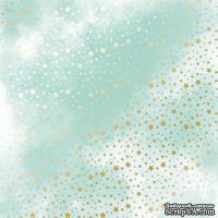 Аркуш одностороннього паперу з фольгуванням, дизайн Golden stars, Mint water, 30,5см х 30,5см, ТМ Фабрика Декору