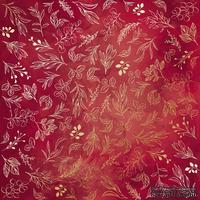 Аркуш одностороннього паперу з фольгуванням, дизайн Golden Branches, color Burgundy aquarelle, 30,5см х 30,5см, ТМ Фабрика Декору