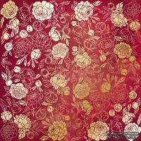Аркуш одностороннього паперу з фольгуванням, дизайн Golden Peony Passion Burgundy aquarelle, 30,5см х 30,5см, ТМ Фабрика Декору